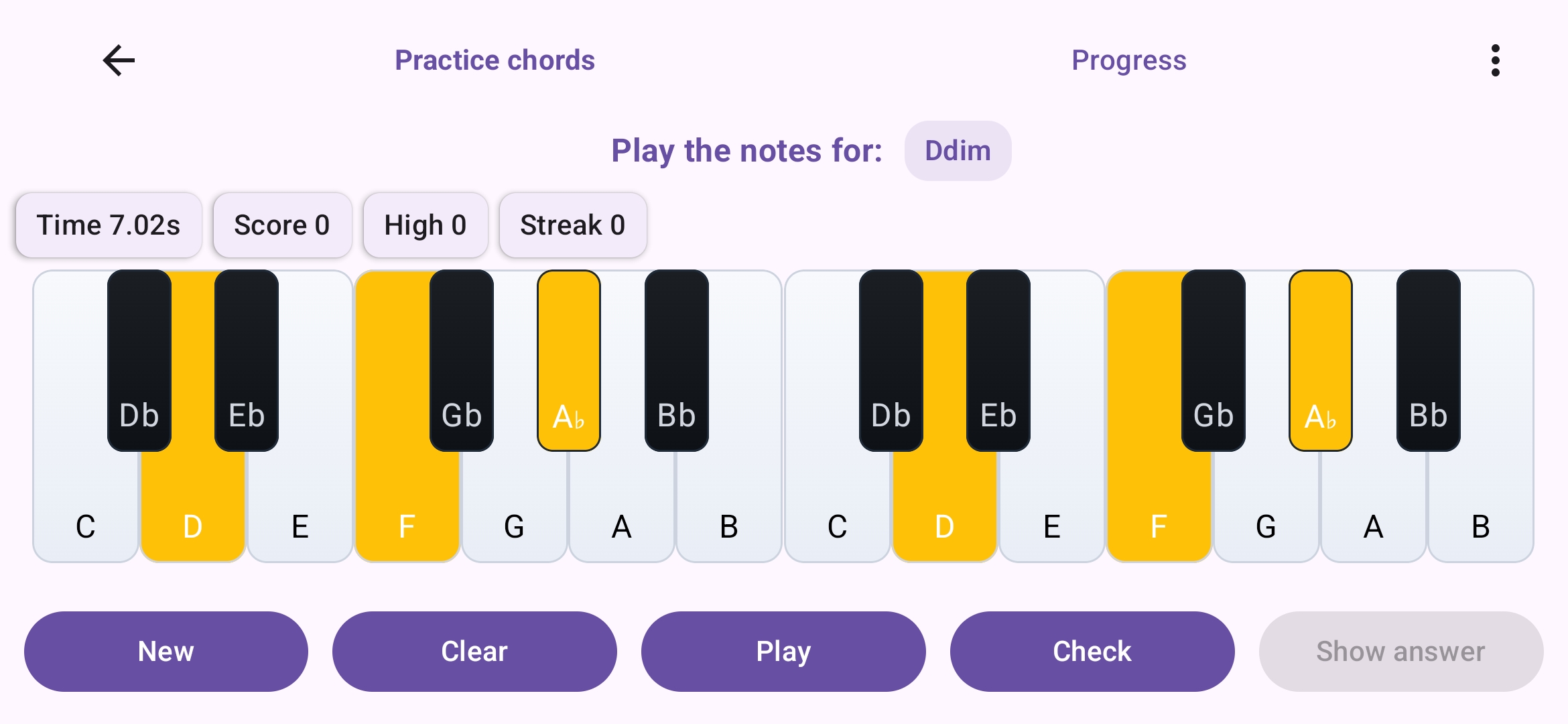 Practice chords screen